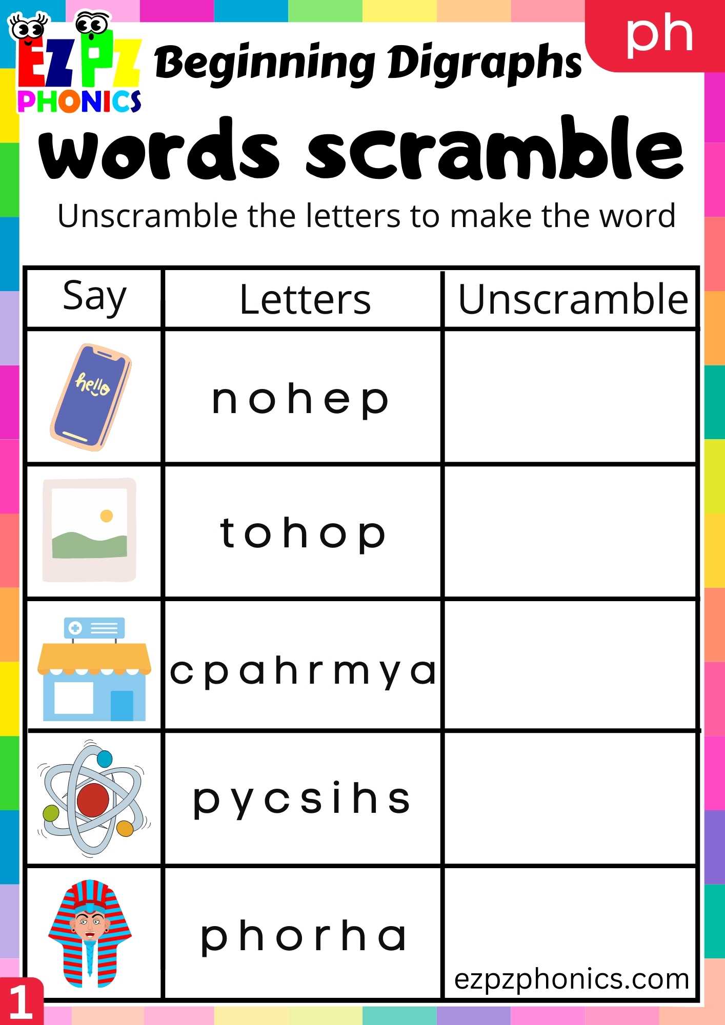 PH Words Words Scramble Consonant Digraphs Phonics Beginning Worksheet
